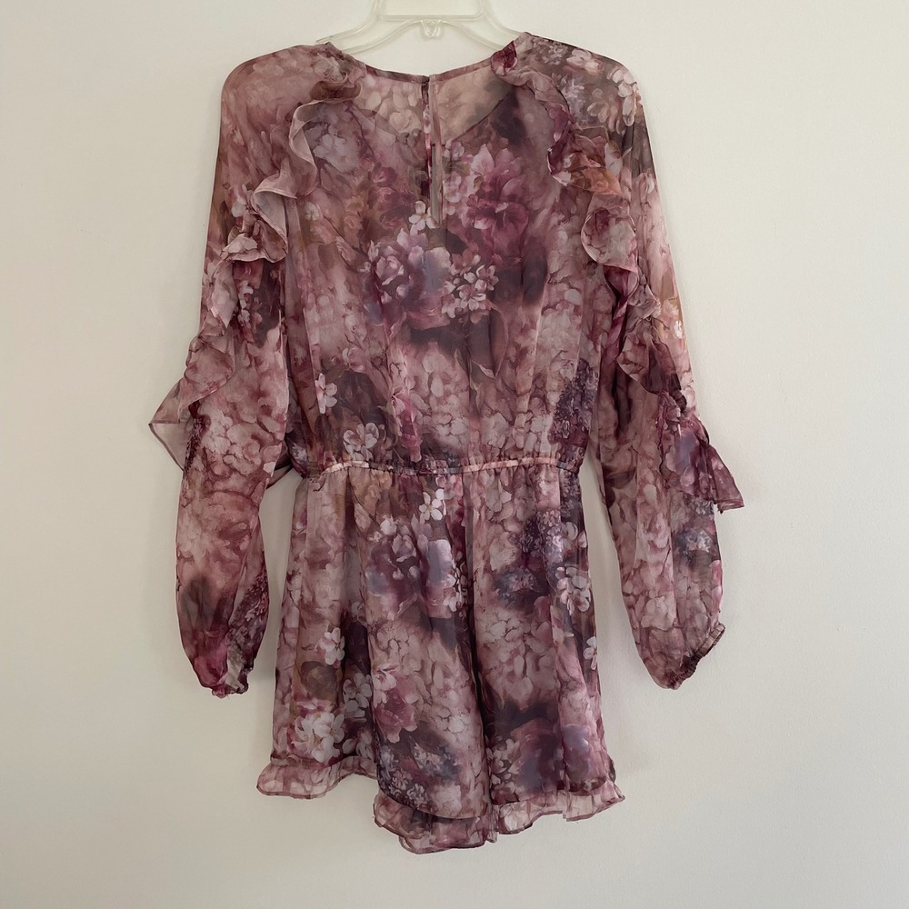 Floral Print Romper Chiffon‎ Ruffle Tie Neck Long Sleeve Women's Size M - Picture 10 of 13